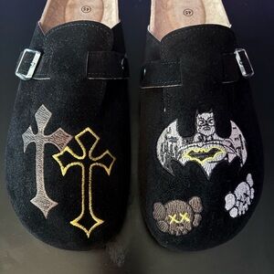 Black Embroidered Suede Slip-On Clogs with Buckle “unisex”